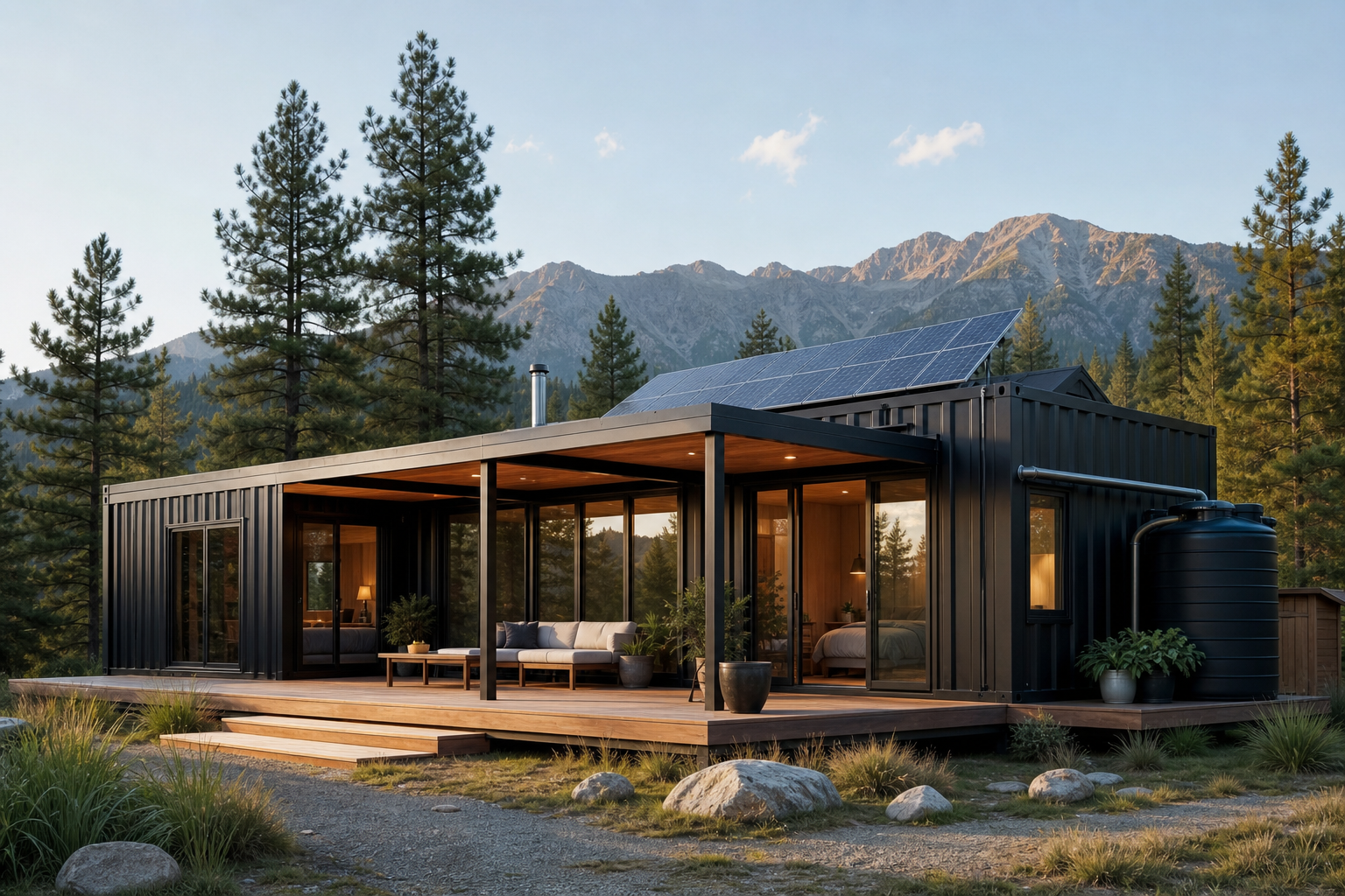 Off-grid container cabin in a mountain forest